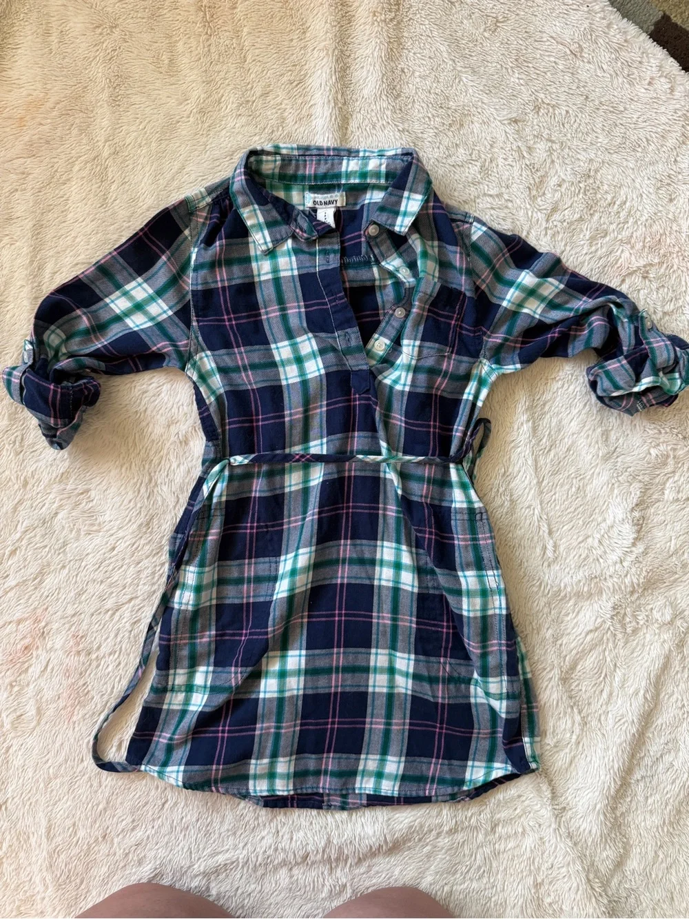Old Navy Girls Blue Plaid Popover Flannel Dress Size S (6-7) Belted